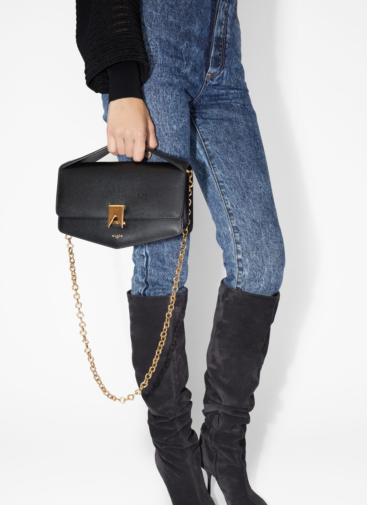 Le Papa east west with chain bag in shiny goatskin ALAÏA BLACK LE PAPA EAST WEST WITH CHAIN BAG IN SHINY GOATSKIN